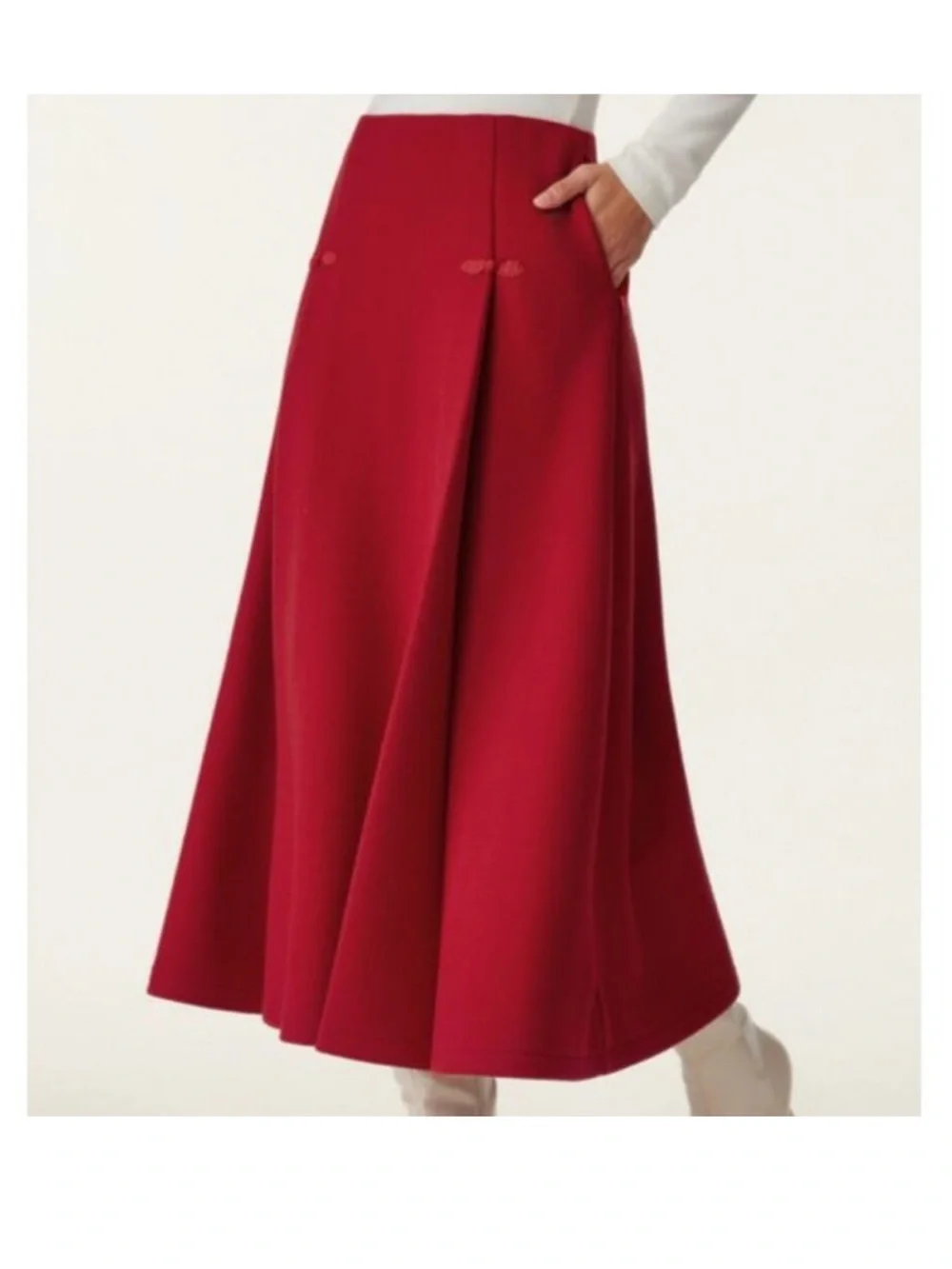 NWT OGL CashSoft Wool-like Frog Button A-Line Midi Skirt Limited Edition Red L - Picture 1 of 5
